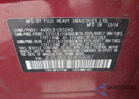 2015 Subaru Forester 2.5I Premium from USA, damaged, VIN JF2SJAGC4FH559087